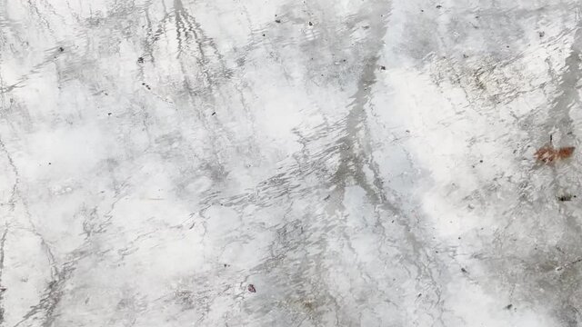 The stream flows through ice and dirt in park in the first days of spring, reflection of trees in a puddle, a sunny day