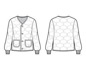 ALS 92 field jacket liner technical fashion illustration with oversized, long sleeves, pockets, Onion quilted shell. Flat coat template front, back white color style. Women men unisex top CAD mockup © Vectoressa