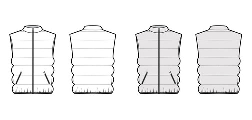 Down vest puffer waistcoat technical fashion illustration with sleeveless, stand collar, zip-up closure, pockets. Flat template front, back, white, grey color style. Women, men, unisex top CAD mockup © Vectoressa