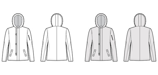 N-2B flight jacket technical fashion illustration with oversized, fur hood, long sleeves, flap pockets, button loop opening. Flat coat template front, back white grey color style. Women men CAD mockup © Vectoressa