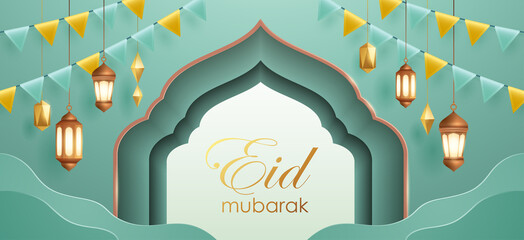 Eid Mubarak classic teal paper graphic of islamic festival background with party flag and islamic decorations.