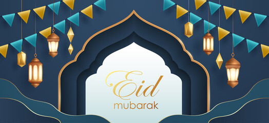 Eid Mubarak classic blue paper graphic of islamic festival background with party flag and islamic decorations.