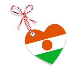 Fahne als Herz  „I Love Niger“ mit Kordel-Schleife,
Vektor Illustration isoliert auf weißem Hintergrund
