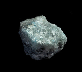 Blue quartz mineral nugget isolated on black background. Geology mineralogy websites, stone...