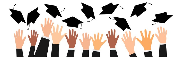 Graduate quarantine. Hands of many races graduates throwing graduation caps and coronavirus masks. Vector Illustration for graduation cards, invitation, banner, flyer. Vector.