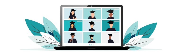 Virtual graduation ceremony. Graduate quarantine. Graduates in square academic cars communicate via video call. Laptop screen. Communication of students graduates. Vector illustration
