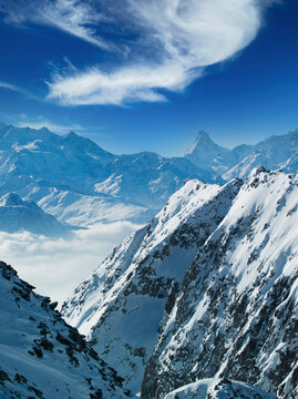 Switzerland, Canton Wallis, Brig, Snow covered mountains in winter