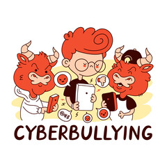 Kid getting bullied. Cyberbullying quote. Vector cartoon character flat line illustration. Isolated on white background. Bullying at school, Cyberbullying poster concept