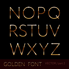 Golden font style. Metallic alphabet. Part 2. Shinning latin letter isolated on dark background, English abc with glowing effect. Vector editable illustration
