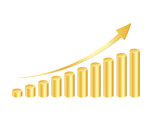 Golden cylinders bar graph with rising arrow isolated on white background. Growth rate symbol. Column chart for finance statistical infographic. Vector illustration.