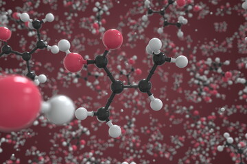 Molecule of angelic acid, ball-and-stick molecular model. Science related 3d rendering