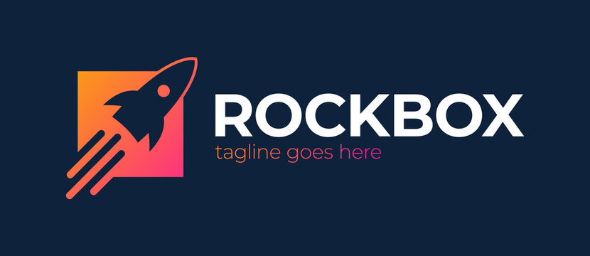 Rocket Launch Box Logo Design Vector Template. Start Up Logotype, Think Outside The Box Logo, Logistic And Delivery Logo