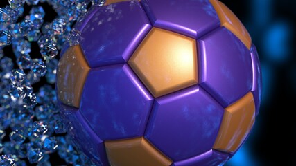 Purple-Orange Soccer Ball with diamond particles under blue flare lighting. 3D illustration. 3D CG. 3D high quality rendering.