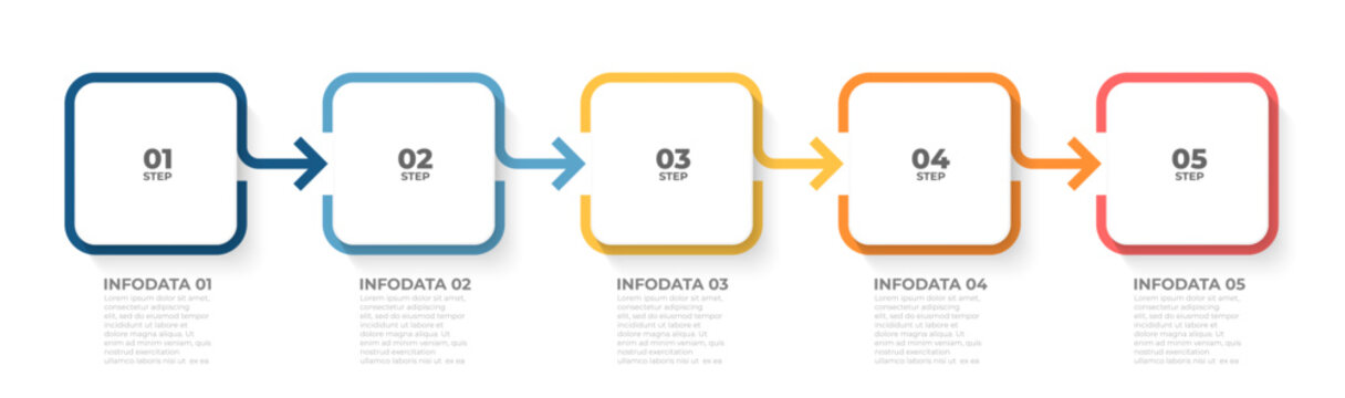 Business infographic labels design with arrow and marketing icons. Timeline processes with 5 options, steps or parts.
