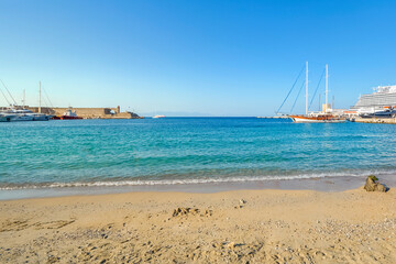 An empty Elli Beach near the Old Town gates and the cruise port on the island of Rhodes, Greece.