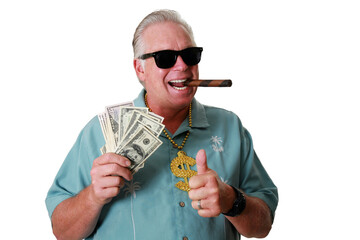 A man wins the Lottery. A man gets paid. A man is rich. Isolated on white.