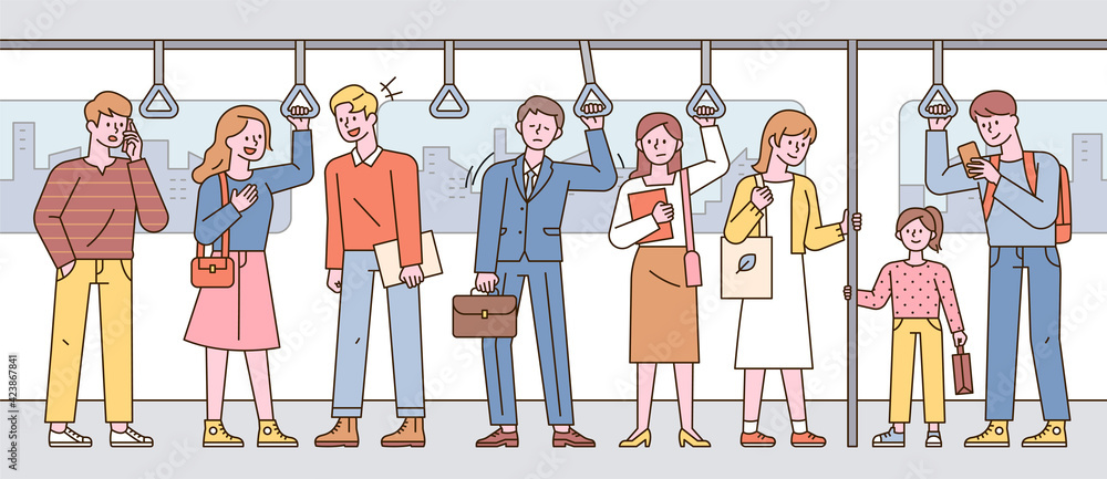 Poster passengers in the subway are standing in a line. flat design style minimal vector illustration. hori