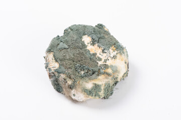 Moldy and musty round wheat bread isolated on white background