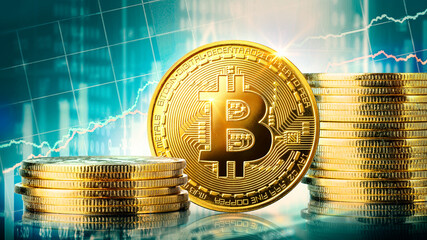 金色のビットコインと株式チャートのグラフのイメージコンセプト