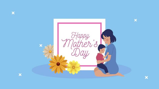 happy mothers day lettering with mom and son
