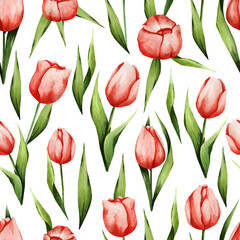 Obraz premium Watercolor pattern with spring flowers. Red tulips. Seamless texture for decor, fabric, textile, paper, etc