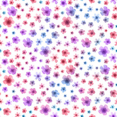Watercolor pattern with stern flowers. Spring texture with pink, blue and purple flowers. Delicate pattern.