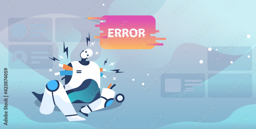 Poster broken robot showing error artificial intelligence failures overloaded concept full length horizonta