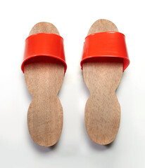Top view of a pairs of home-made traditional wooden shoes in Malaysia