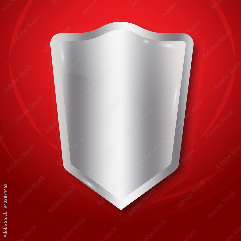 Poster silver shield on red background. isolated vector icon. protection symbol. quality design element. st