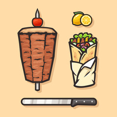 Vector set of doner kebabs with tomato, lime and knife.  Cuisine vector image.