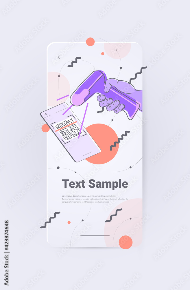 Poster barcode scanner scanning qr code on smartphone screen electronic digital technology e-payment verifi