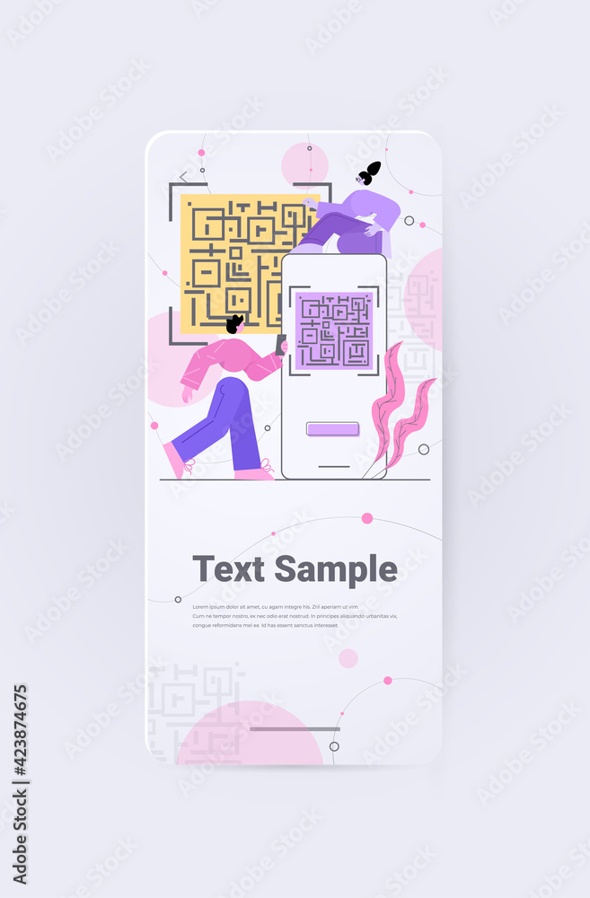 Poster people scanning qr code electronic digital technology machine readable barcode verification concept