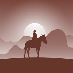 woman on horseback in brown gradient shade nature background illustration vector.