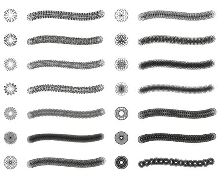 Set of 14 fixed and random scatter brushes + symbols (sprayer) in radial geometric round loop pattern. Created using AI CS6.
