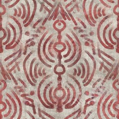 Seamless grungy tribal ethnic rug motif pattern. High quality illustration. Distressed old looking native style design in faded sun burnt red and cream colors. Old artisan textile seamless pattern.