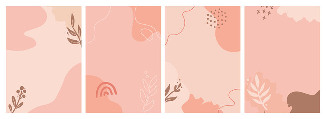 Fototapeta na wymiar Set of social media, instagram post, story template with abstract, floral, plant shape. Sketch style illustration for beauty background, poster template. Pastel color in brown tones.