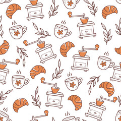 Hand drawn doodle style seamless vector pattern of croissants and cups of coffee near vintage grinders and leaves