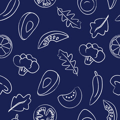 Seamless pattern with food on dark blue background.