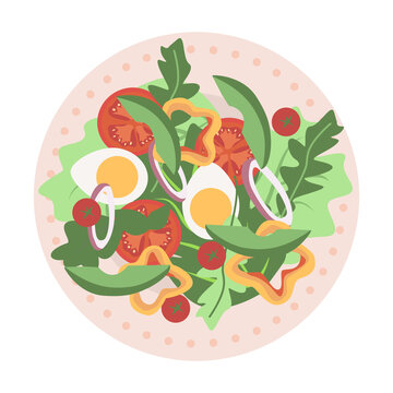 Delicious and fresh dish with salad, eggs, tomato and avocado