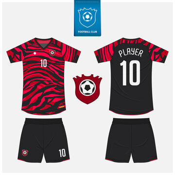 Red Soccer Jersey Or Football Kit Mockup Template Design For Sport Club. Soccer Logo In Flat Design. Vector.