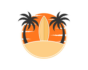 Surfboard between palm tree in the beach