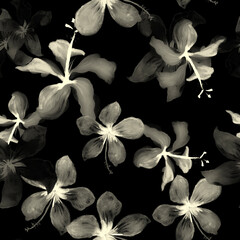 Black Tropical Leaves. White Seamless Leaf. Pattern Design. Flower Texture. Wallpaper Texture. Drawing Illustration. Spring Art. Watercolor Botanical.