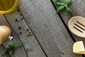 Different seasonings, cooking homemade sauce, mayonnnasie on wooden background