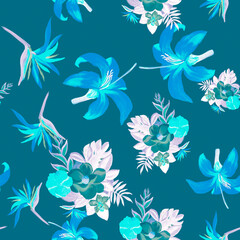 Fototapeta na wymiar Blue Pattern Painting. Azure Seamless Palm. Navy Tropical Illustration. Indigo Flower Leaf. Gray Decoration Nature. Spring Texture. Summer Art.