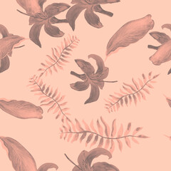 Fototapeta premium Pink Tropical Background. Coral Seamless Illustration. Gray Pattern Nature. Decoration Textile. Drawing Palm. Floral Foliage. Flower Illustration. Wallpaper Background.