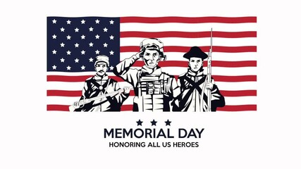 happy memorial day lettering card with three soldiers in usa flag