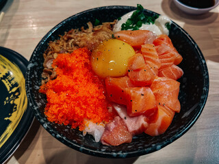 Salmon, ebiko and pickled yolk don, delicious Japanese style.
