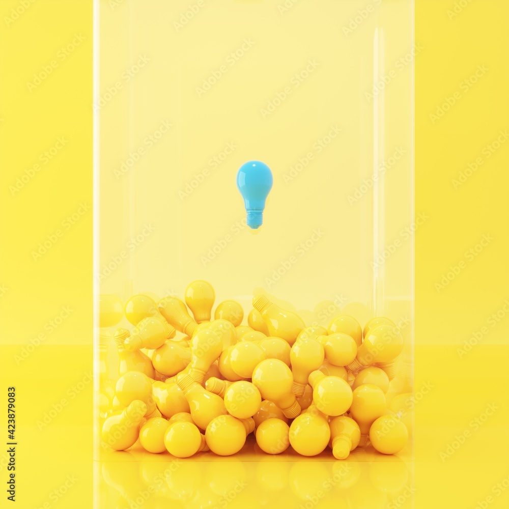 Poster blue light bulb floating on yellow light bulb overlap in glass box on yellow background. minimal ide