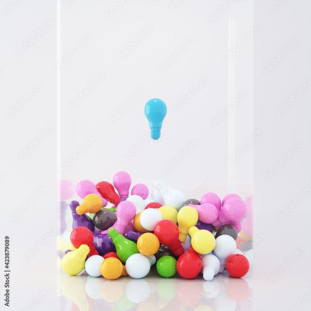 Poster blue light bulb floating on colorful light bulb overlap in glass box on white background. minimal id