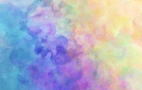 Colorful watercolor background of abstract blotches of painted colors of blue green purple orange pink and yellow, bright color splash background in creative design